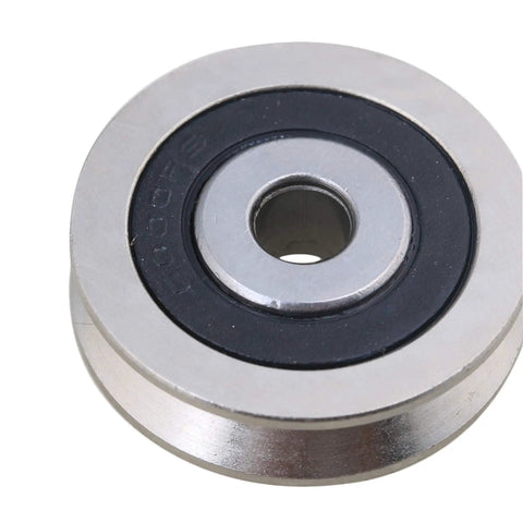 Close-up of 2 Pack Deep V Shaped 6x30x8mm Metal Sealed Bearings for Rail Guides, Pulleys, and Linear Motion Systems. Steel construction.