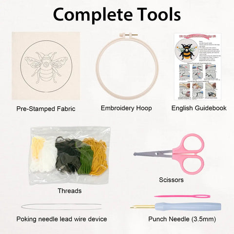 Chill Dope Beginner Punch Needle Starter Kit With Cute Bee Pattern showing tools, fabric, yarn, hoop, guide, and punch needle