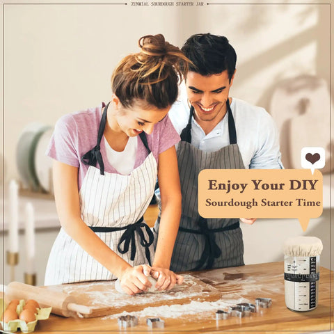 Couple using Sourdough Starter Kit 24 Oz With Date Marked Feeding Band Thermometer Cloth Cover And Metal Lid for baking