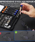 Hand using All In One Eyeglass Repair Kit With 16 Screw Sizes, 12 Pairs Nose Pads, Magnetic Precision Screwdrivers on glasses.