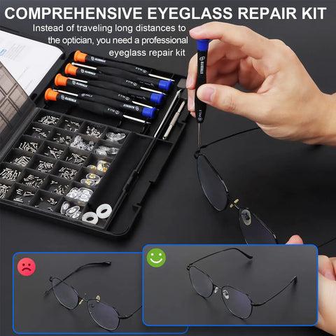 Hand using All In One Eyeglass Repair Kit With 16 Screw Sizes, 12 Pairs Nose Pads, Magnetic Precision Screwdrivers on glasses.