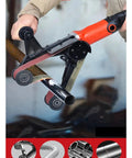 Top Notch Industrial Electric Belt Sander For Pipe in use on polished metal tubing, featuring heavy duty sanding belt.