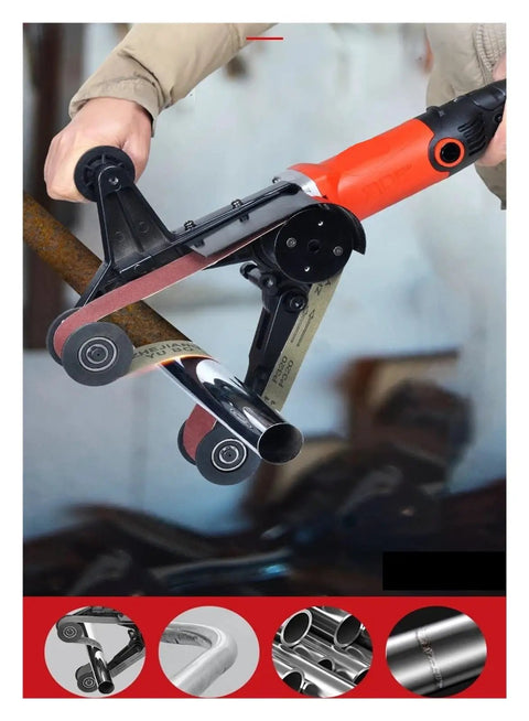 Top Notch Industrial Electric Belt Sander For Pipe in use on polished metal tubing, featuring heavy duty sanding belt.