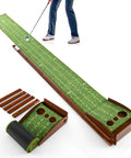 Pro Grade Indoor Outdoor Golf Putting Mat With Automatic Ball Return System shown with alignment guides and putting setup