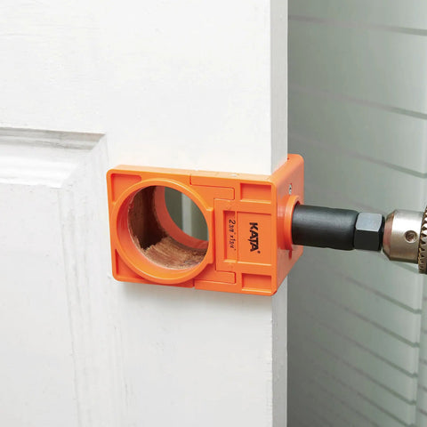 Pro Grade Door Lock Installation Kit With Adjustable Guide Template And Heavy Duty Hole Saws mounted on a white wooden door.