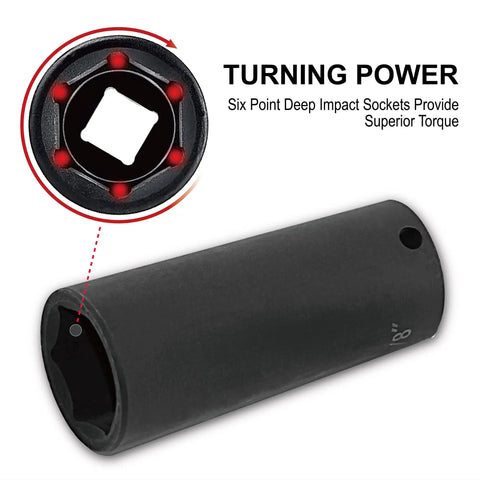 19 Piece One Half Inch Drive Impact Socket Set Deep Six Point CrV Steel Three Eighths To One And A Half Inch Sockets Workhorse For Pros And DIYers Built For High Torque, showcasing deep six-point socket design for superior torque