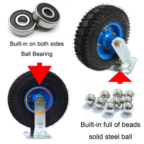 Two Pack Heavy Duty Swivel Caster Wheels With Locking Brakes showing blue rim and black rubber tire with ball bearings.