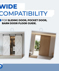 Wide compatibility for sliding door, pocket door, barn door floor guide with wood doors showcasing Barn Door Floor Guides And Bottom Track Mounts Heavy Duty Metal Glides Replacement Tracks Stops From Swing Universal Compatibility With Standard Wooden Sliding Doors Minimum Door Thickness 1.35 Inches Groove Size 0.79 By 0.28 Inches 2 Pack.