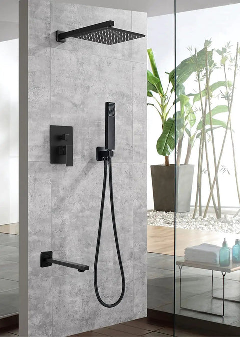 LED Rain Shower System With High Pressure 12 Inch Square Rain Head Handheld Shower Brass Tub Spout Brass Shower Arm