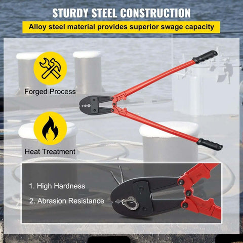 Heavy Duty Wire Rope Crimping Tool With 30 Inch Long Handle For Five Thirty Second Inch, One Quarter And Five Sixteenth Inch Sleeves