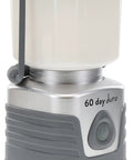 60 Day Portable LED Lantern With 1200 Lumen Power and built-in hook, shown in silver weather-resistant casing.