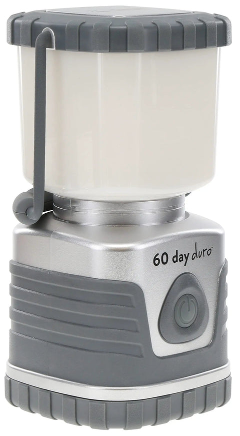 60 Day Portable LED Lantern With 1200 Lumen Power and built-in hook, shown in silver weather-resistant casing.