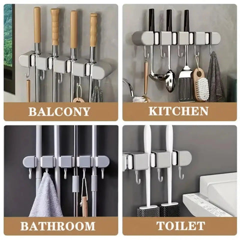 Wall Mounted Broom And Mop Organizer With Four Racks And Five Hooks for Home Kitchen Garage Garden Laundry Room And Bathroom Storage Keeps Cleaning Tools Neatly Stored And Easily Accessible in various settings