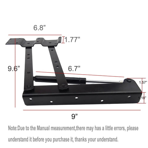 Folding Lift Top Table Mechanism Hardware Set With Gas Hydraulic Support, dimensions labeled on black steel components.