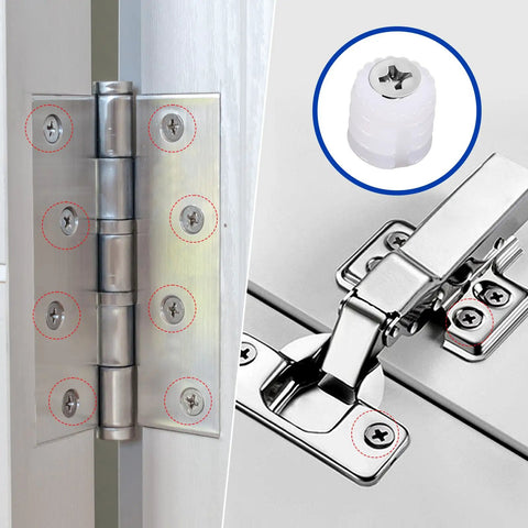 100 Pack Nylon Cabinet Hinge Dowels 0.34 By 0.39 Inches Plastic Furniture Dowel Pins For A Quick Fix And Easy Install Durable Nylon Construction For Long Lasting Cabinet And Furniture Hinges shown with metal hinges