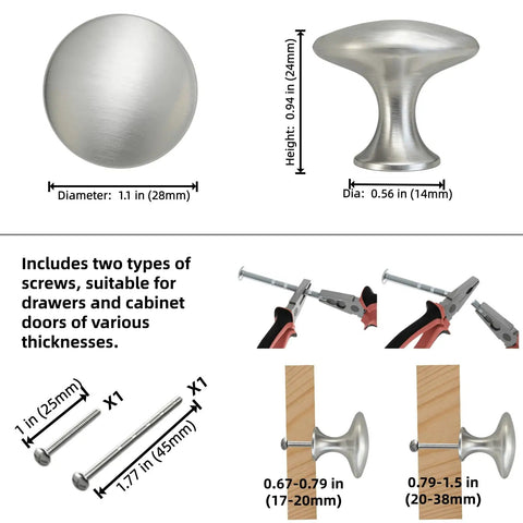 Diagram of Five Pack Round Cabinet Knobs With Brushed Nickel Finish, Single Hole Drawer Pulls, showing dimensions and screw options.