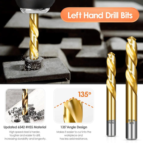 Grab The Ultimate 18-Piece Bolt Extractor Kit With Left Hand Drill Bits To Fix Stuck Stripped Screws Super Easy And Save Your Backtime No More Broken Tools Allowed. 6542 HSS left hand drill bits, 135° tip