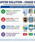 pH buffer solution usage guide showing different buffer types for daily, acidic, and alkaline testing with illustrations of water samples.
