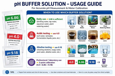 pH buffer solution usage guide showing different buffer types for daily, acidic, and alkaline testing with illustrations of water samples.
