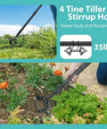 Dual Head Garden Hoe With Adjustable Handle in use on soil, showing four tooth rake and sharp blade for cultivation