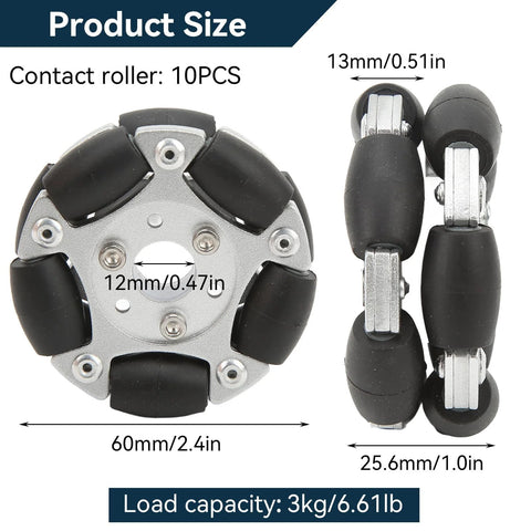 Front view of 60mm double-row omni wheel with black rubber rollers and metal hub for Brompton folding bike and e-bike replacement