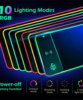 Wireless Charging RGB Gaming Mouse Pad 15W With 10 Light Modes, power-off memory function, glowing edges displayed.