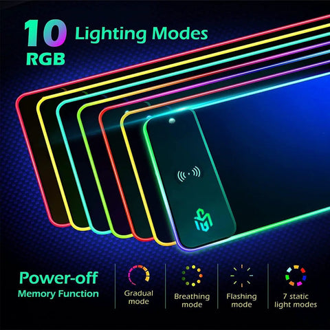 Wireless Charging RGB Gaming Mouse Pad 15W With 10 Light Modes, power-off memory function, glowing edges displayed.