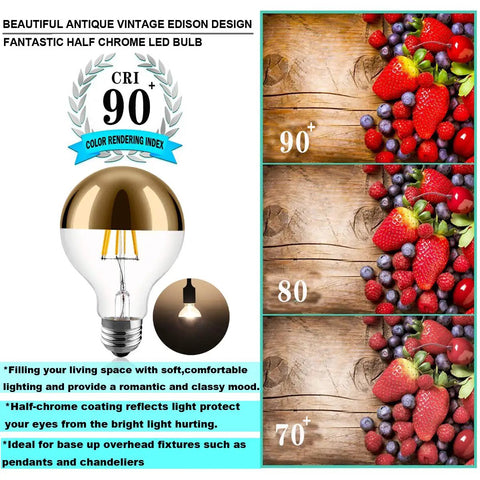 Half Chrome LED Edison Bulbs, Dimmable 6W (60W Equiv), G80 Globe Shape, Half Gold Reflective Finish, Warm 2700K Soft White, E26 Base
