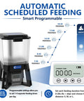 No Sweat Solar Automatic Fish Feeder For Outdoor Pond And Aquarium With Smarter Feeding Schedule Adjustable Timer And Dependable Performance For All Koi And Goldfish showing programmable settings and LCD display.