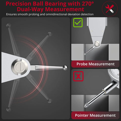 Dial Test Indicator With Magnetic Base For Lathe CNC 3D Printer Table Saw, High Precision 0.03 Inch Range And 0.0005 Inch Accuracy, probe and pointer measurement details.