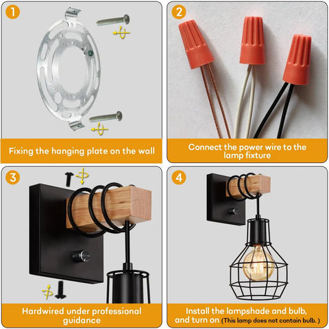 Steps to install Industrial Cage Wall Sconce With Dimmer Switch And On Off Control, Farmhouse Black Metal Lamp With Painted Wood Holder.
