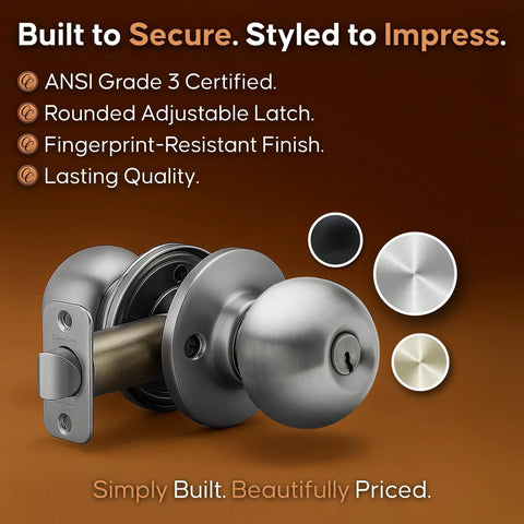 3 Pack Satin Stainless Ball Door Knobs With Keyed Entry For Bedroom Bathroom Closet Or Office, Privacy Lock, metal knobs displayed