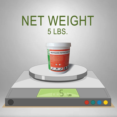 5 lb HeatGuard refractory coating bucket on a digital scale; orange-labeled container for ceramic fiber forge insulation