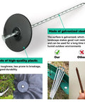 Six Inch Spiral Landscape Stakes 100 Pack With Gasket Heavy Duty Galvanized Metal Garden Stakes For Artificial Grass Weed Barrier Fabric Floor Mat And More, showing close-up of spiral design and gasket cap.