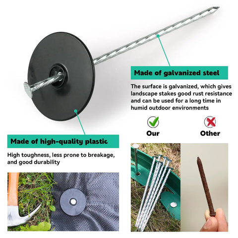 Six Inch Spiral Landscape Stakes 100 Pack With Gasket Heavy Duty Galvanized Metal Garden Stakes For Artificial Grass Weed Barrier Fabric Floor Mat And More, showing close-up of spiral design and gasket cap.