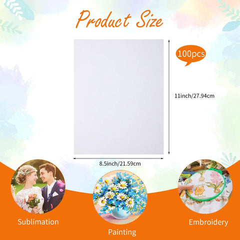 Product size chart of 100 Pcs Sublimation Blanks For Picture Frames Eight Point Five By Eleven Inch Double Sided Canvas Sheets.