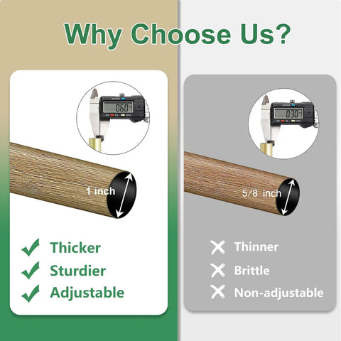 Comparison of 1 inch diameter curtain rod vs 5/8 inch rod showing thickness for Heavy Duty Adjustable Curtain Rod Kit 16 To 144 Inch 1 Inch Diameter With Wood Grain Leaf Pattern Finials Nine Piece Interlocking Rods For Heavy Curtains Holds Up To 50 Pounds