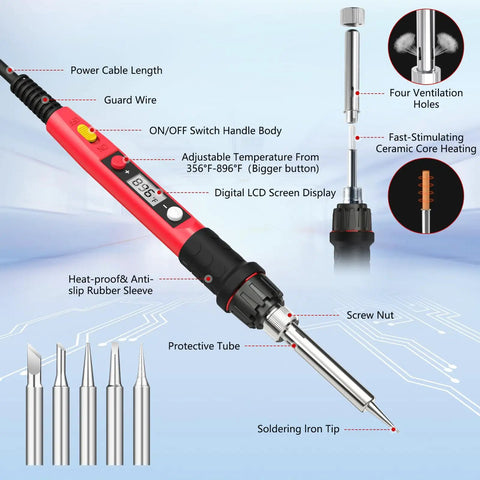 Diagram of 80W 110V Soldering Iron Kit With LCD Temperature Display And Ceramic Heater Handy Portable Welding Tool, showing components and specs.