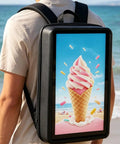 Slick Mobile Digital Backpack Billboard For Rolling Street Ad Campaigns, 21.5 Inch Full HD LCD Display showcasing ice cream.