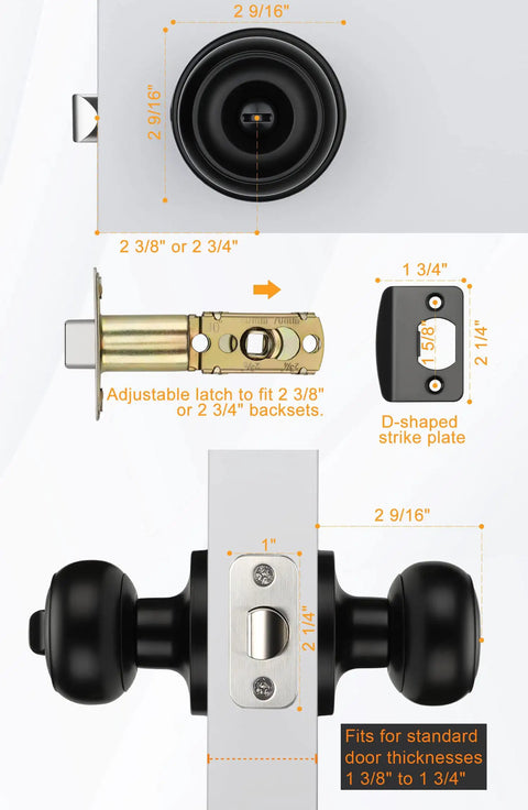 Matte Black Privacy Interior Door Knobs 8 Pack For Bedroom And Bath with adjustable latch and strike plate dimensions