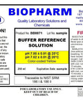 Label of a buffer reference solution, pH 7.00, NIST traceable, 250 mL, includes caution and first aid instructions from BIOPHARM Inc.