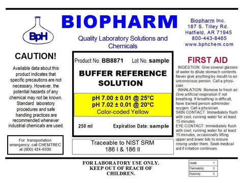 Label of a buffer reference solution, pH 7.00, NIST traceable, 250 mL, includes caution and first aid instructions from BIOPHARM Inc.