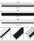 Diagram of 40 pin male and female headers, part of Double Sided PCB Board Kit With 4 Sizes And 365Pcs Pack, detailed measurements shown.