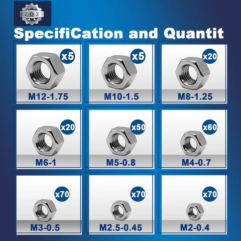 370 Piece Metric Hex Nuts Set With Nine Sizes M2 To M12 In 304 Stainless Steel quantity and specifications chart