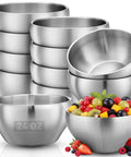 Heavy Duty Double Insulated Stainless Steel Mixing Bowls 12 Piece Bulk Set 24 Oz stacked with fresh fruit in one bowl.