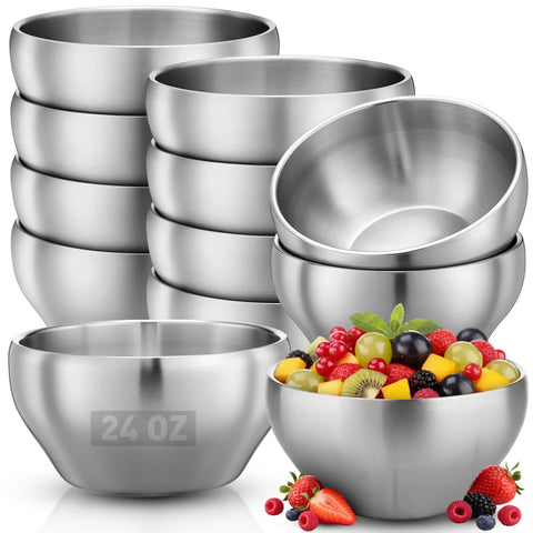 Heavy Duty Double Insulated Stainless Steel Mixing Bowls 12 Piece Bulk Set 24 Oz stacked with fresh fruit in one bowl.