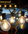 Waterproof 100Ft Outdoor String Lights Two Pack 50Ft Each With Shatterproof G40 Dimmable Bulbs lit up in rain, close-up view