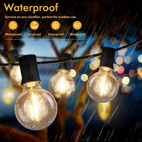Waterproof 100Ft Outdoor String Lights Two Pack 50Ft Each With Shatterproof G40 Dimmable Bulbs lit up in rain, close-up view