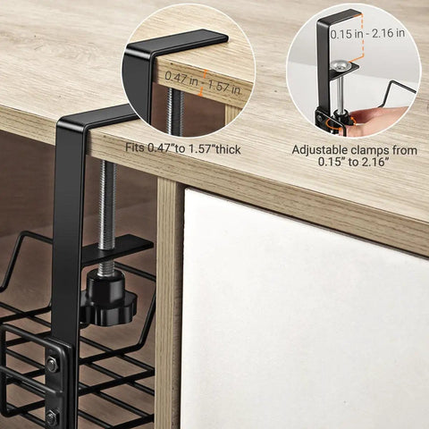 Close-up of adjustable clamp installation for Under Desk Cable Management Tray Organizer For Cords And Wires No Drill Installation Easy Mount.