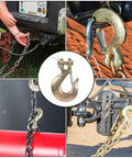 4 Pack 1/4 Inch Clevis Slip Hooks With Safety Latch Grade 70 Forged Steel 12600 Lb Capacity in use with chains and towing equipment.
